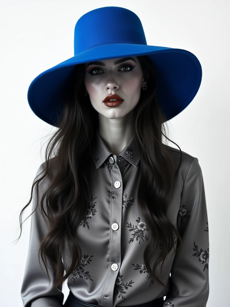 This black and white conceptual visual art photo is a captivating masterpiece that challenges conventional notions of beauty and identity. At the center of the image, a woman wearing a thick blue hat, the only splash of color in the otherwise monochrome composition, adds a striking contrast and focal point. Her face is concealed by the hat, leaving only her goldish red painted lips visible, hinting at hidden emotions and mysteries. Her long hair cascades down, adding a sense of movement and dynamism to the scene. She is adorned in a grey flowery silk shirt with bann collars, adding a touch of elegance and sophistication to her enigmatic presence. The artist, Marc Adamus, known for his innovative approach to photography, captures the essence of tanned Ameera Al Toweel, bringing her character to life with exquisite detail and nuance. The monochrome aesthetic, square format, and sleek white background enhance the conceptual nature of the artwork, inviting viewers to contemplate the deeper meanings behind the image. With its vibrant yet dark fantasy undertones, this piece is sure to resonate with audiences worldwide.