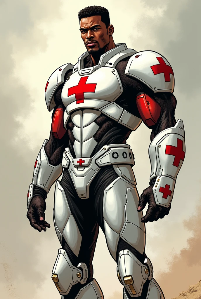 dan mora comic book illustration, hard lines, soft light, $African male in paramedic themed white and red power-armor, red cross on chest$
