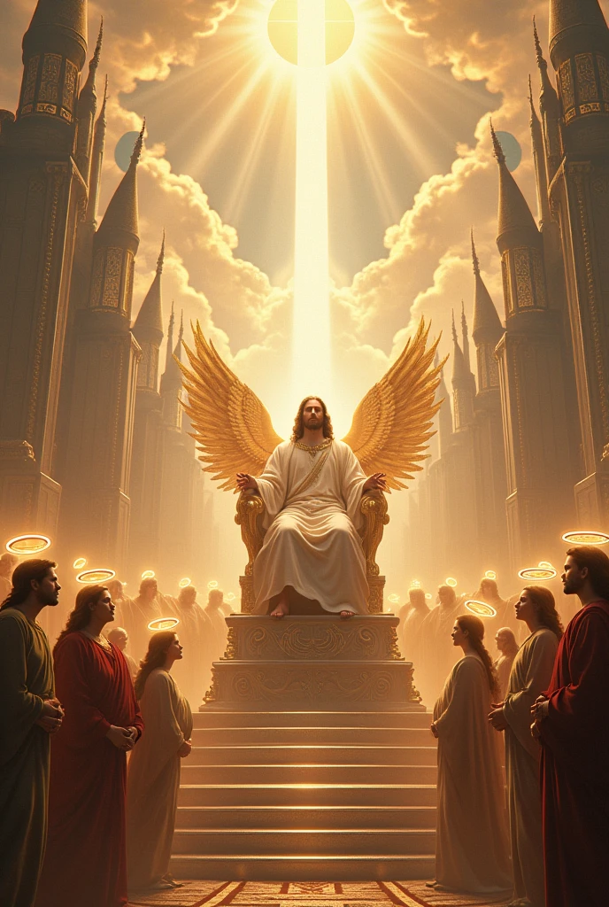 I want a clear image of a heavenly city with Jesus sitting on the throne and with angels