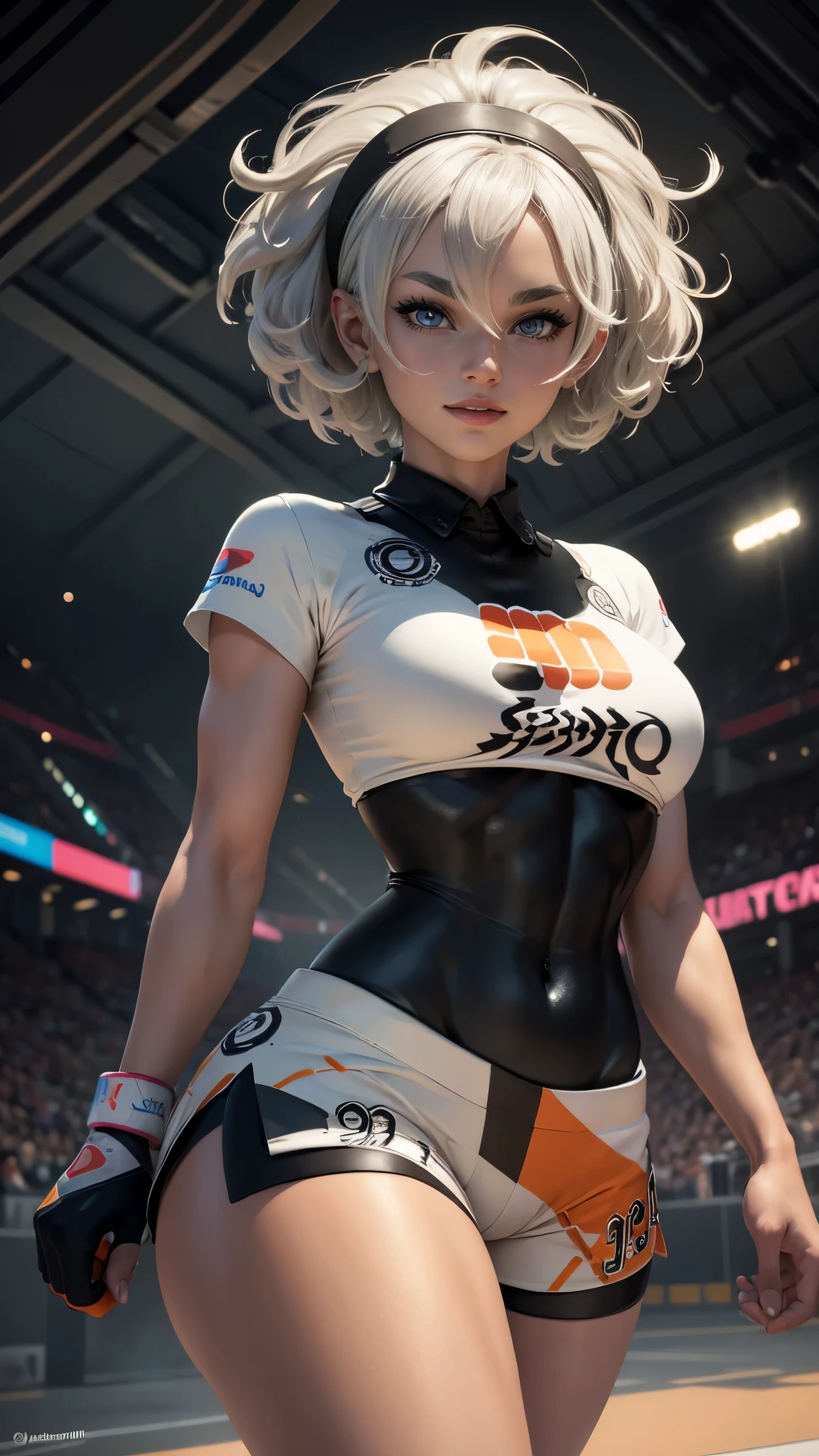 Bea da pokemon,(best qualityer,4K,8k,high resolution,work of art:1.2)(weather: windy), sport stadium background, short curly hair, gray hair, cropped shirt, micro shorts, thigh high stockings, headband, gloves, leotard, ultra detailed,realisitic,beautiful detailed gray eyes, beautiful detailed lips,extremely detailed eye and face, long eyelashes,average,large breasts,flying hair,beaming smile,powerful girl in a combat, high kick, bright coloured, dramatic lighting,