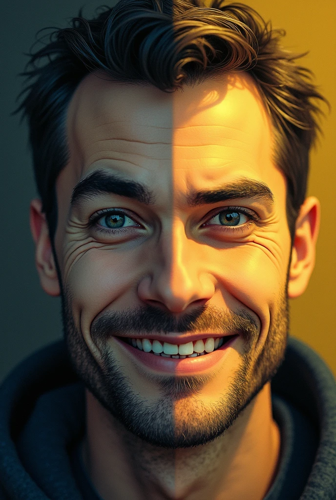 "Create an image of two men with a split face. The left side of the face belongs to a man who is worn out and distressed, with drooping eyes and a serious, defeated expression—no smile at all. The colors on this side are dark and muted, with shades of black and gray. The right side of the face belongs to a man who is successful and happy, with bright eyes and a confident smile. The colors on this side are bright and vibrant, with shades of yellow and white. The left (defeated) side should appear exhausted and emotionless, while the right (successful) side should look lively and victorious."