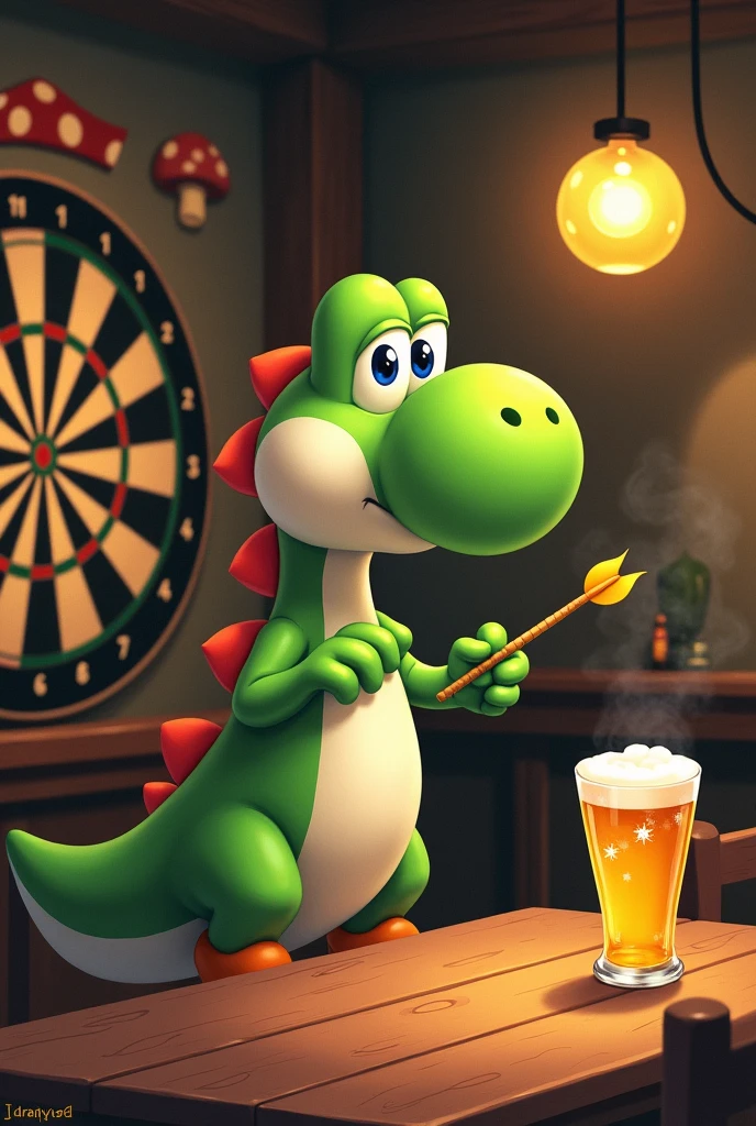 Yoshi Play Darts and Drink a Flensburger Edles Helles