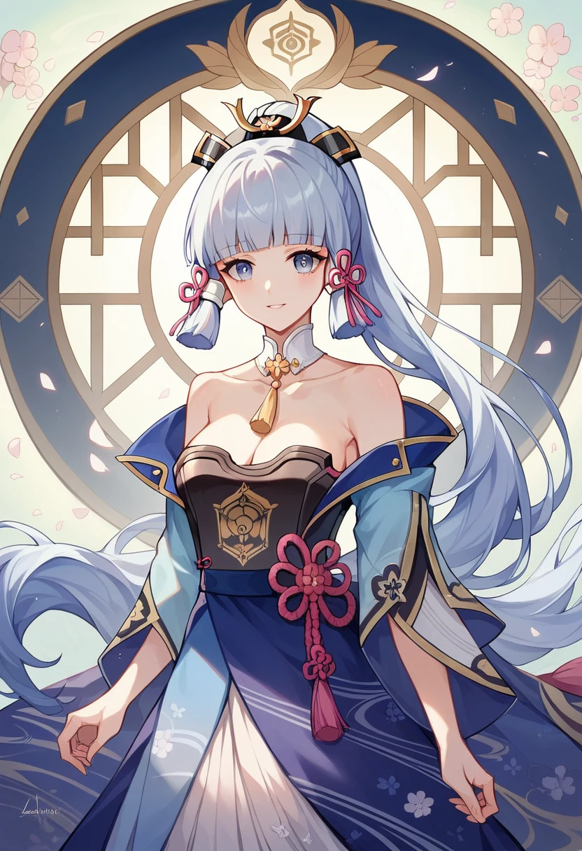 a beautiful young kamisato ayaka from genshin impact with thin delicate lips, seducing smile pale porcelain skin, long flowing dark hair, elegant kimono, graceful posture, intricate floral pattern background, ornate headpiece, soft natural lighting, cinematic composition, masterpiece,(masterpiece:1.2)