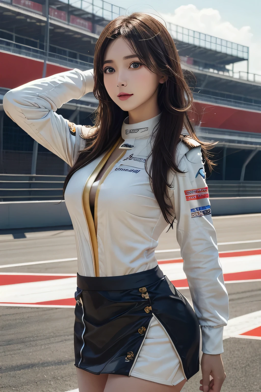 One Girl, 1 person,Highest quality,High resolution,超High resolution,8k,Realistic,Upper Body,encounter_audience,Large Breasts, the body is slim,(Race Queen miniskirt Costume:1.2), circuit,F1 Race,