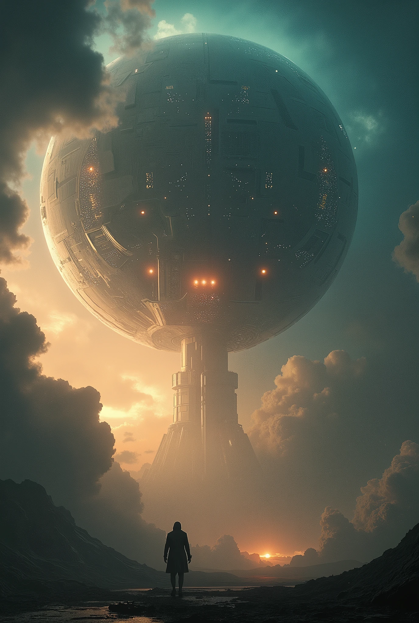 The camera rises again, Revealing the vast fleet of alien ships rapidly approaching Earth, captured in a wide shot. From this elevated perspective, The triumphant entry of the fleet into the Earth's atmosphere is shown, with the ships glowing with a menacing brilliance as they break the sound barrier. The angle, in low angle, highlights the overwhelming presence of the fleet, making the alien ships appear even more imposing as they descend. The music reaches a dramatic crescendo, underlining the gravity of the moment, while the ambient sound is dominated by the dull rumble of an explosion, similar to the sound of breaking the sound barrier.