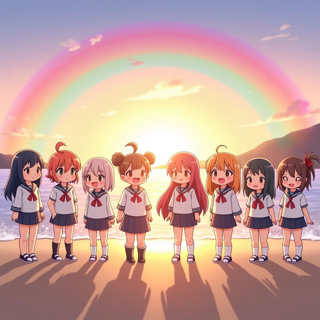 ((ExtremelyDetailed (12 PUNIPUNI KAWAII Girls in a row:1.37) in WHITE at Dusk Enoshima Beach)), (masterpiece 8K TopQuality) (ProfessionalPhoto:1.37), {(Standing Full Body:1.2)|(from below:1.2)}, Different types of hair colors, {School Uniform [with Thongs]|(school swimwear)Ass visible through thighs}, {Detailed BabyLike hand|Hidden hand|armpit peek|DAKINAKURA}, Joyful Expressions LifeLike Rendering, PerfectLighting, [RainbowColorHorizon]