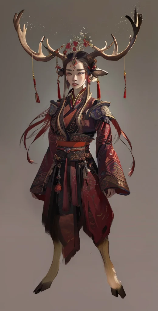 a woman in a red and black outfit with elk antlers on her head, beautiful character painting, by Yang J, epic exquisite character art, feng zhu concept art, stunning character art, by Lin Liang, amazing 8k character concept art, by Qu Leilei, palace, a girl in hanfu, by Feng Zhu, inspired by Feng Zhu, by Li Song, (masterpiece), best quality, expressive eyes, perfect face, xiuxian, chinagen, FantasyCore, Animal ear, (chinese woman with elk antlers and elk legs in a traditional chinese clothing), masterpiece, best quality, expressive eyes, perfect face, full body, dnd character design, female, girl, dnd, great quality, amazing detail, realistic, feminine, eyelashes, fluffy deer ears, eyeliner, niji, beautiful, detailed highest, detailed texture, deer ears, deer hooves, deer feet, deer tail, hoof, Detailed Fur, 3d Render, Photorealistic, pretty, deer, hooves, eastern clothing, 1girl, furry female, antlers, elk antlers, high contrast, long sleeves, wine purple, brown and red clothes color, jewelry, deer legs, shoulder armor, ancient chinese hairstyle, Cervid, Deerfolk race, d&d, archeology professor, ribbons, fantasy race, faun, shoulder pads, hanfu, chinese clothes, hair ornament, hair bun, smart, professor, teacher, chinese scholar, chineses hair crown, hair up, body fur, ancient, oriental, eastern, ancient chinese female hairstyle, older, lady, gray background, respected, glasses, monical, animal ears, one pair of antlers, faunmakeup, makeup, white spots, dark upper lip, horns, antlers, reindeer antlers, animal ears, pointy ears, concept, horns, deer, body part, antler, dearantlers, hooved legs, hooves,