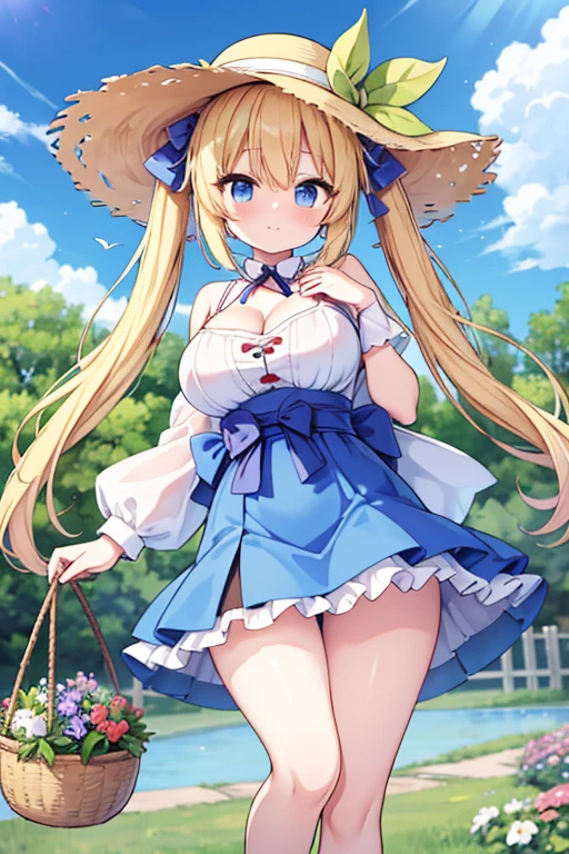 Highest quality,masterpiece,8k,Anime Style,Blonde with blue eyes、japan farm,large basket full of vegetables,Hold the basket in front of your chest with both hands,race,White camisole dress mini skirt,Cleavage,,Large Breasts、Twin tails、Cute eyes,sun hat(sun hat),Smooth thighs,Accentuate your breasts,