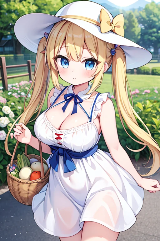 Highest quality,masterpiece,8k,Anime Style,Blonde with blue eyes、japan farm,large basket full of vegetables,Hold the basket in front of your chest with both hands,race,White camisole dress mini skirt,Cleavage,,Large Breasts、Twin tails、Cute eyes,sun hat(sun hat),Smooth thighs,Accentuate your breasts,
