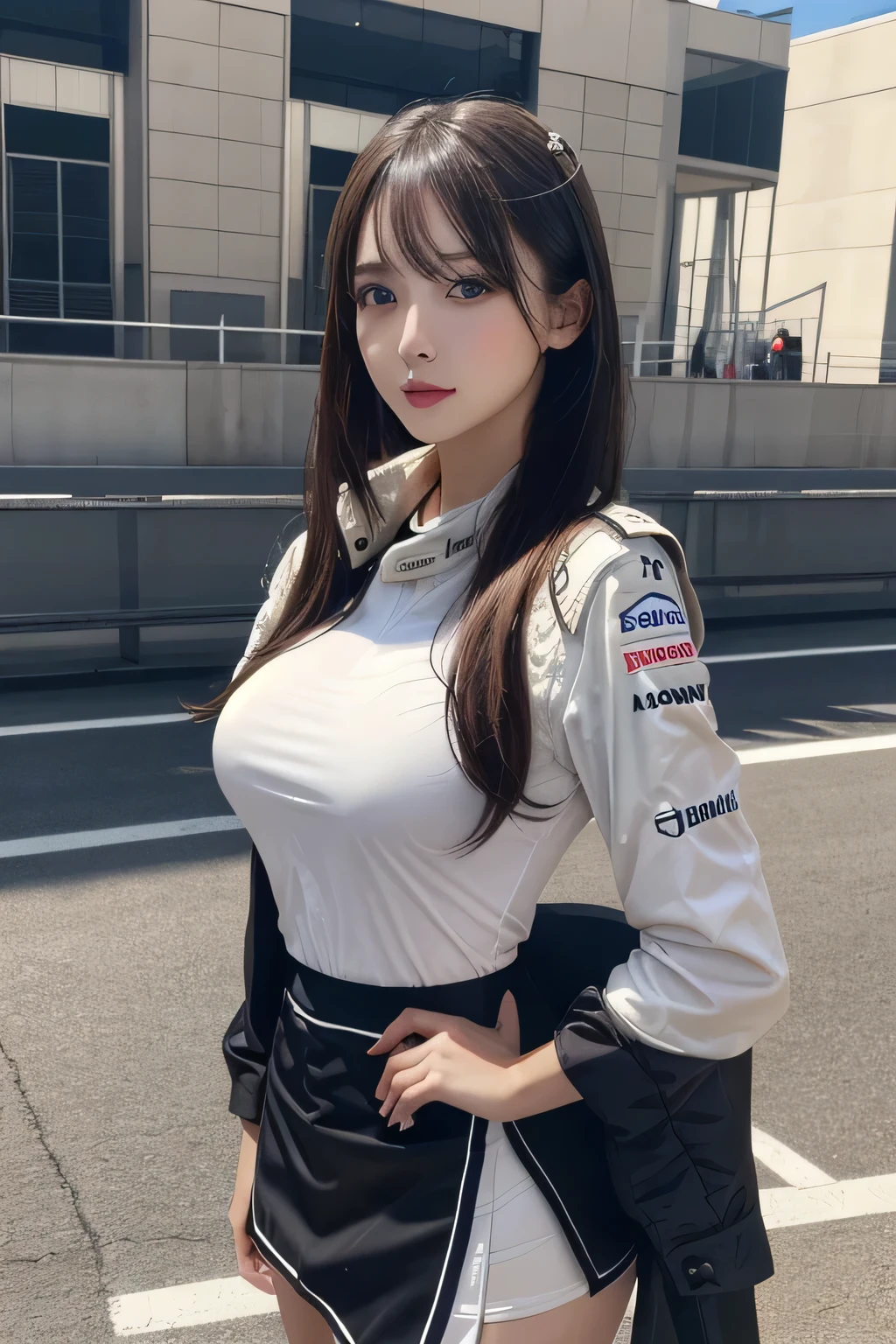 One Girl, 1 person,Highest quality,High resolution,超High resolution,8k,Realistic,Upper Body,encounter_audience,Large Breasts, the body is slim,(Race Queen miniskirt Costume:1.2), circuit,F1 Race,