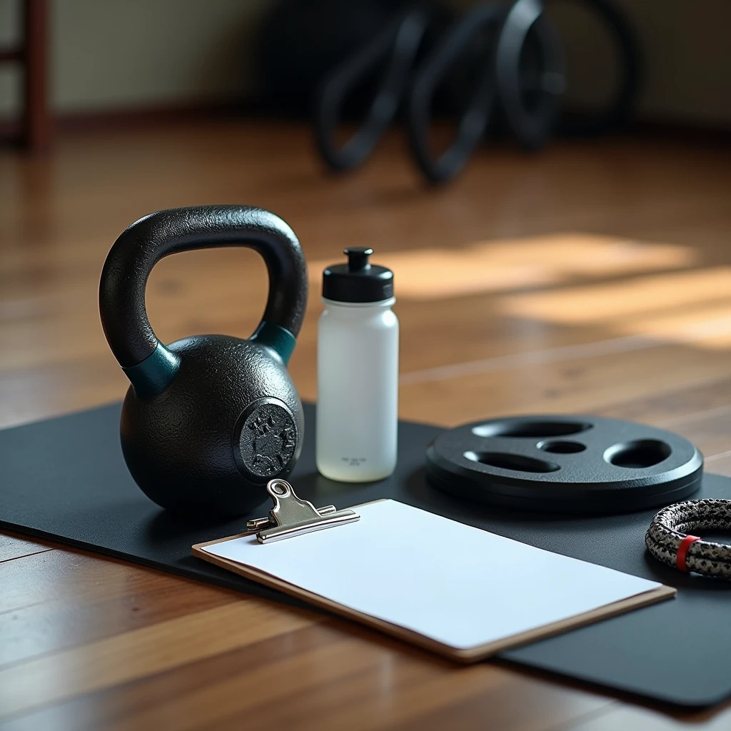Realistic close-up of a kettlebell, a paper clipboard, a water bottle, a skipping rope and a 10kg weight plate on a yoga mat in a gym with a wooden floor. The scene is shot from a low angle with a 50mm f/1.8 lens, in soft orange natural light. The background is blurred, focusing on the kettlebell and the clipboard with the white sheet of paper, with subtle reflections on the wooden floor.