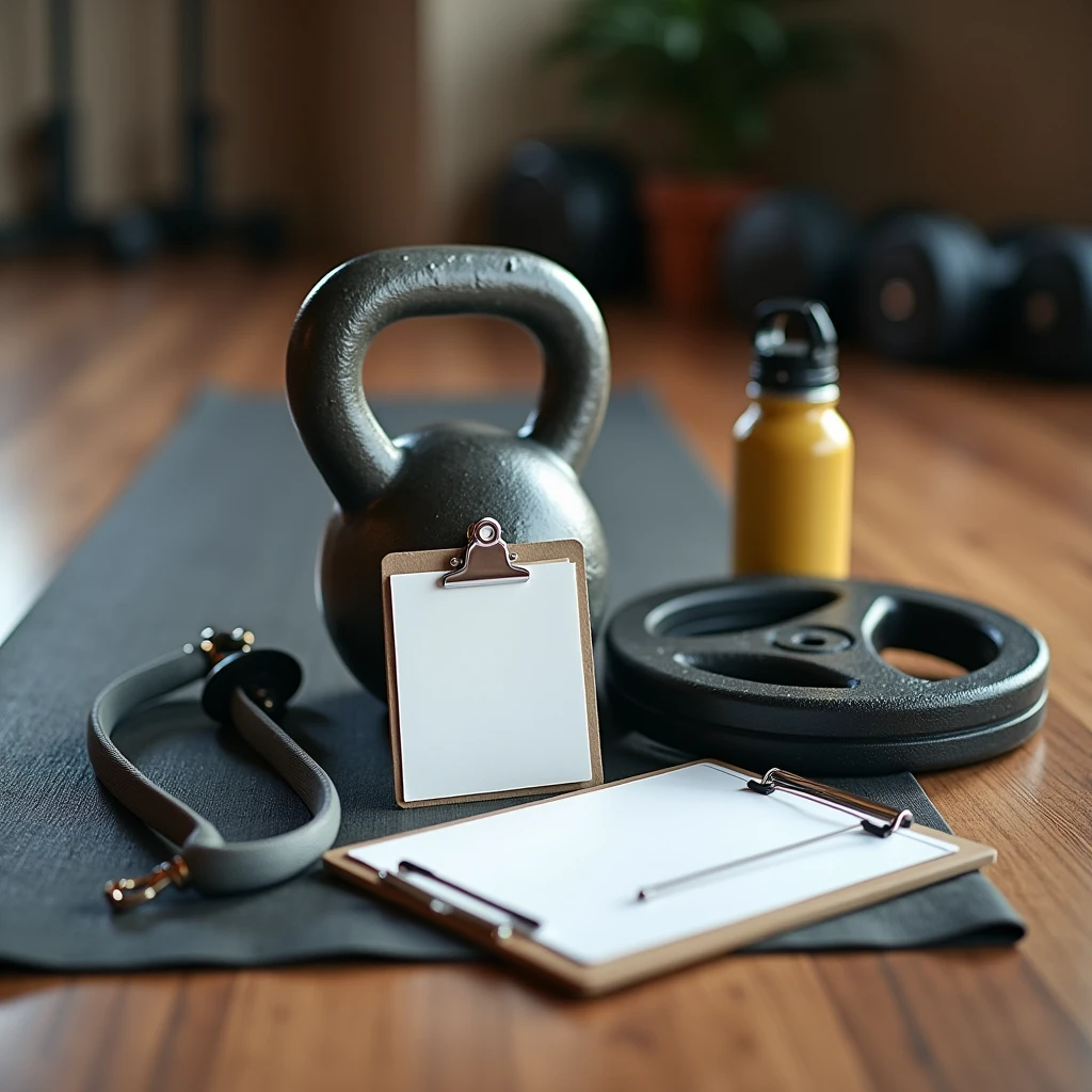 Realistic close-up of a kettlebell, a paper clipboard, a water bottle, a skipping rope and a 10kg weight plate on a yoga mat in a gym with a wooden floor. The scene is shot from a low angle with a 50mm f/1.8 lens, in soft orange natural light. The background is blurred, focusing on the kettlebell and the clipboard with the white sheet of paper, with subtle reflections on the wooden floor.