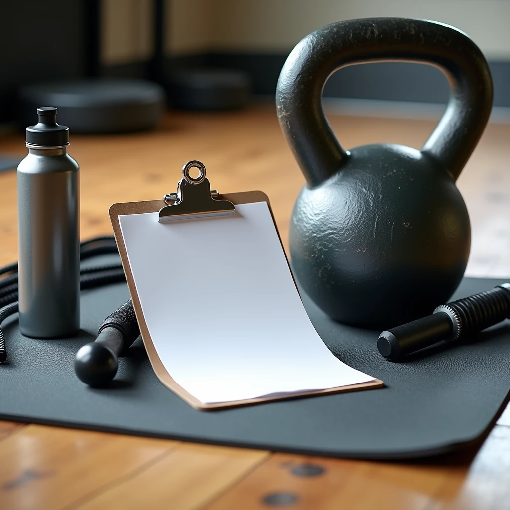Realistic close-up of a kettlebell, a paper clipboard, a water bottle, a skipping rope and a 10kg weight plate on a yoga mat in a gym with a wooden floor. The scene is shot from a low angle with a 50mm f/1.8 lens, in soft orange natural light. The background is blurred, focusing on the kettlebell and the clipboard with the white sheet of paper, with subtle reflections on the wooden floor.