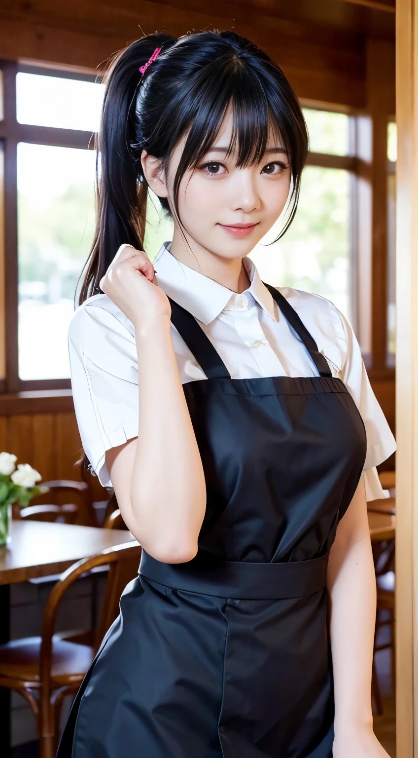 (Highest quality,masterpiece:1.3,Ultra-high resolution,),(Very detailedな,Caustics),(Photorealistic:1.4,RAW shooting,)Ultra-Realistic Capture,Very detailed,High resolution 16K human skin closeup。 Natural skin texture、,Pores、、、、It must be detailed enough to be easily identifiable。 Skin tone is even and healthy looking。 Use natural light and colour,restaurant,Waitress Uniform,1 girl,Japanese,1,cute,Black-haired,ponytail,Big Breasts,smile,Turn your body forward,(Front view:1.1),Looking at the camera,Cowboy Shot,