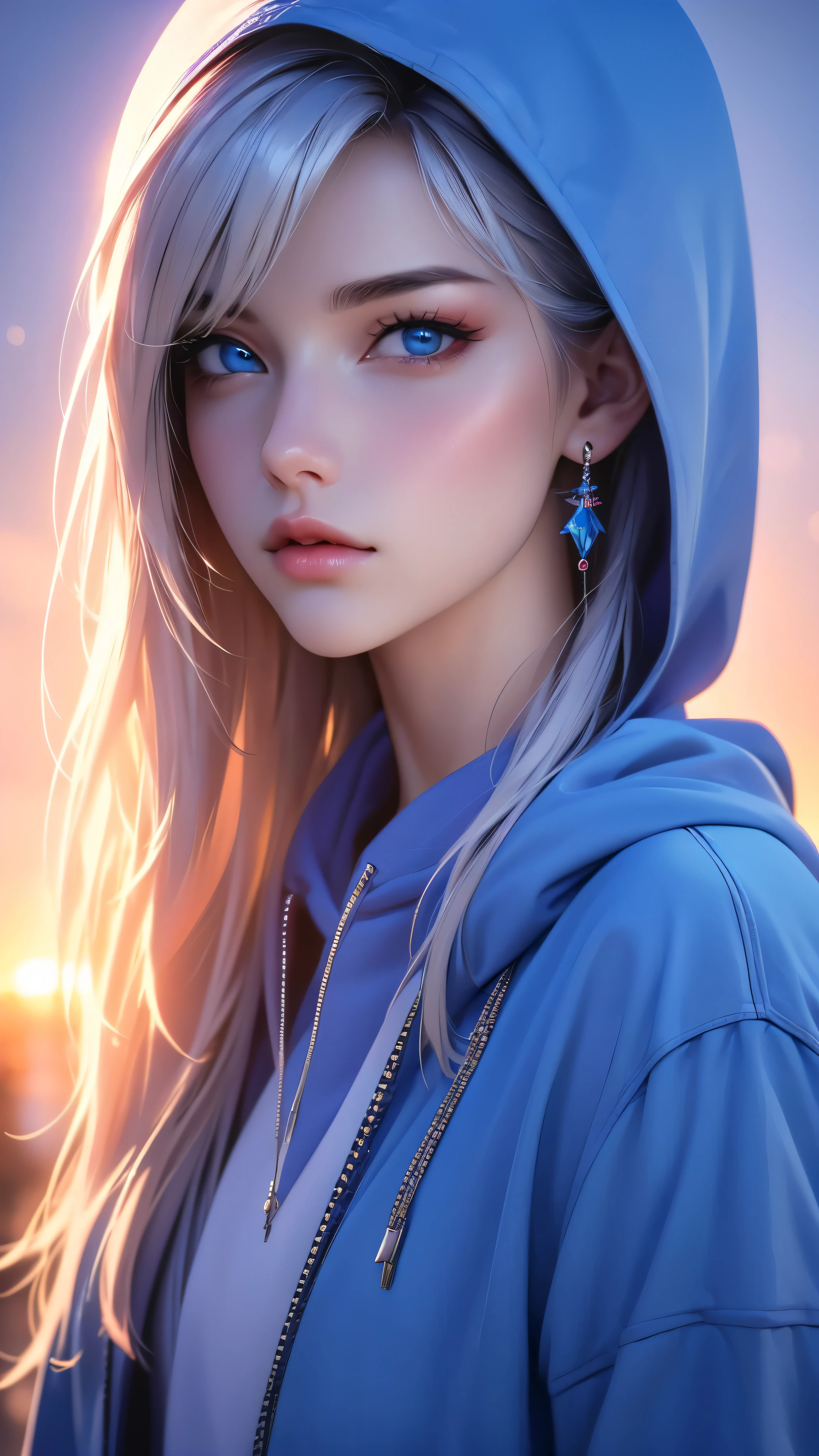 a girl with beautiful blue eyes, white hair, blue hoodie with hood down, single earring, looking directly at viewer, upper body, sunset background, (best quality,4k,8k,highres,masterpiece:1.2),ultra-detailed,(realistic,photorealistic,photo-realistic:1.37),HDR,UHD,studio lighting,ultra-fine painting,sharp focus,physically-based rendering,extreme detail description,professional,vivid colors,bokeh,portrait