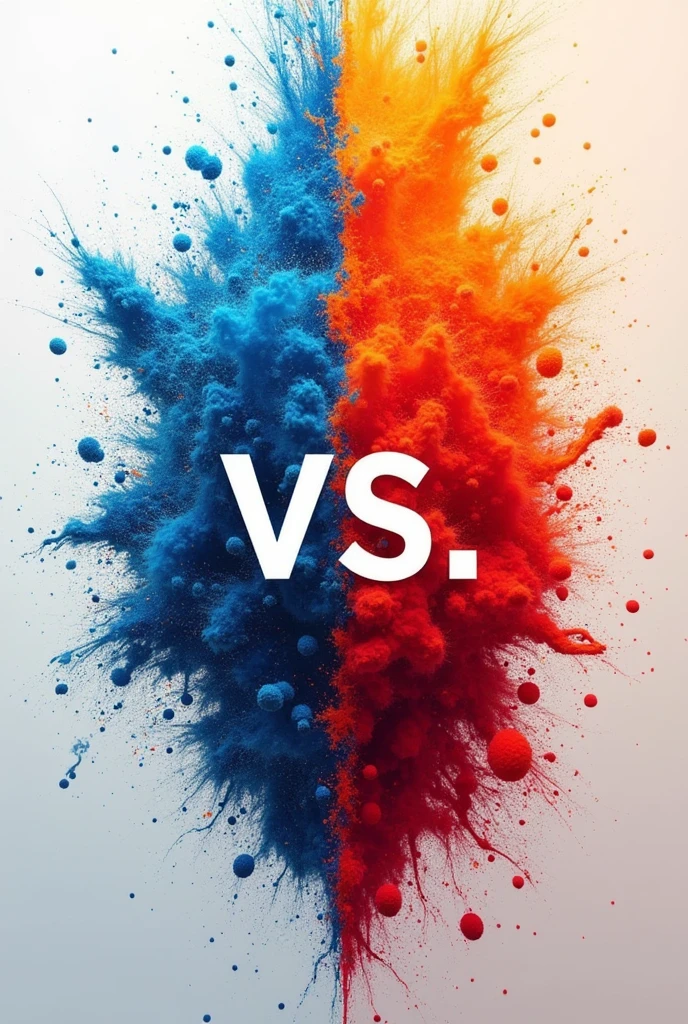 Make me half of the image with scattered and shiny blue and orange and the same of the other half but with blood red and soccer white with a vs in the middle