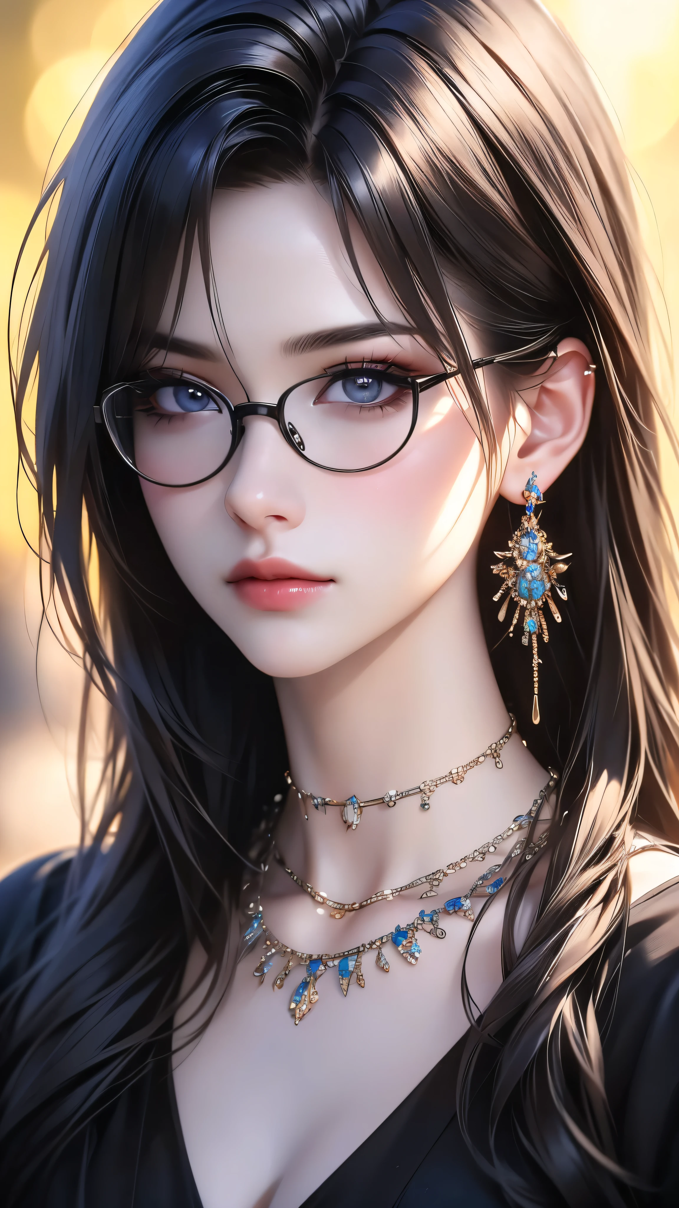1girl, detailed realistic portrait, beautiful detailed eyes, beautiful detailed lips, extremely detailed face, longeyelashes, jewelry, glasses, choker, necklace, earrings, black choker, black-framed eyewear, breasts, cleavage, looking at viewer, bangs, long hair, solo, (best quality,4k,8k,highres,masterpiece:1.2),ultra-detailed,(realistic,photorealistic,photo-realistic:1.37),HDR,UHD,studio lighting,ultra-fine painting,sharp focus,professionally shot,vivid colors,bokeh