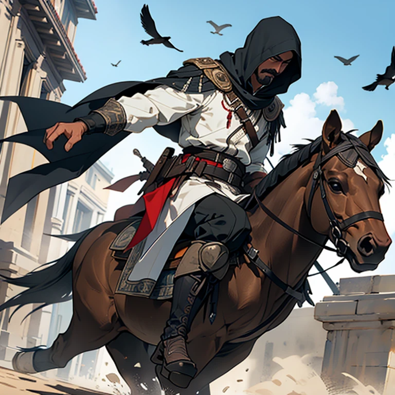solo, Pancho Villa with a mustache wearing a 19th century Mexican military outfit, riding on a plain, long_sleeves, full_body, weapon, male_focus, boots, outdoors, day, belt, sword, pants, hood, cape, black_footwear, sash, bird, shaded_face, sheath, hood_up, sheathed, vambraces, weapon_on_back