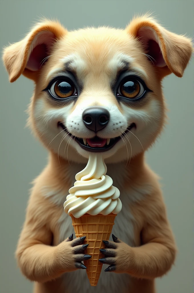 dog with human face eating ice cream