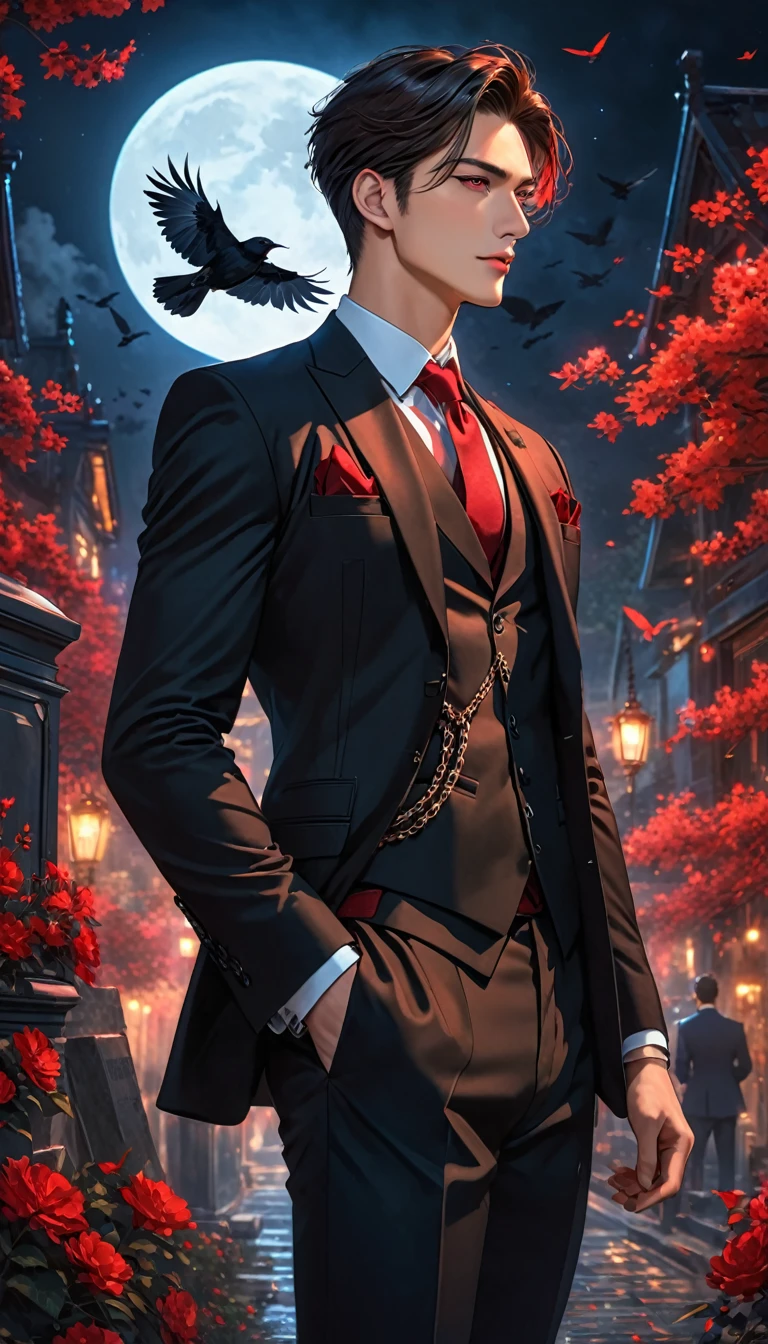 Masterpiece, 8k, HDR, Wonderful, aesthetic, dark vibes, man about twenty years old, handsome, his ruby-red eyes glowed, sharp gaze, tall, standing cool, side angle, close-up, wearing vest and black suit, the chain attribute on his suit adds to the glamorous impression, broad chest, hand in trouser pocket pose, grave background in the night with crow fly.