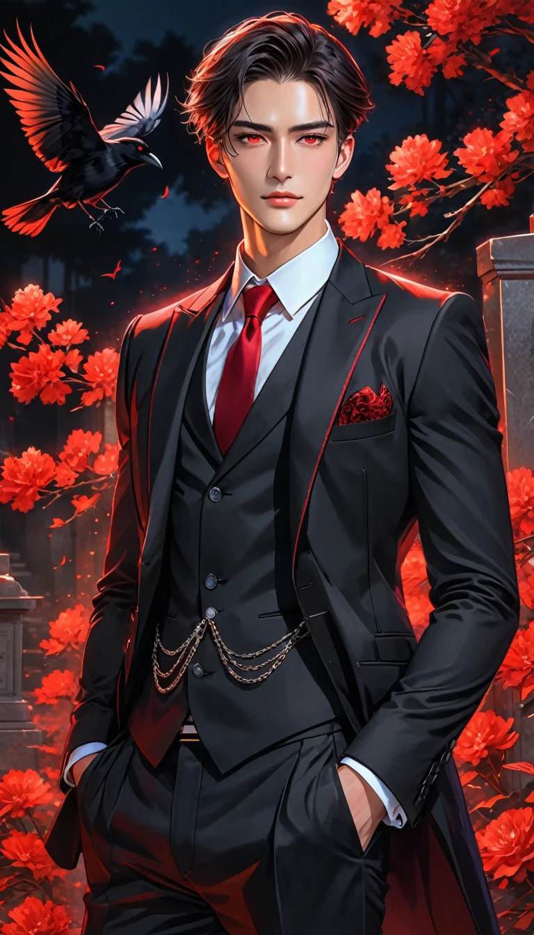 Masterpiece, 8k, HDR, Wonderful, aesthetic, dark vibes, man about twenty years old, handsome, his ruby-red eyes glowed, sharp gaze, tall, standing cool, side angle, close-up, wearing vest and black suit, the chain attribute on his suit adds to the glamorous impression, broad chest, hand in trouser pocket pose, grave background in the night with crow fly.