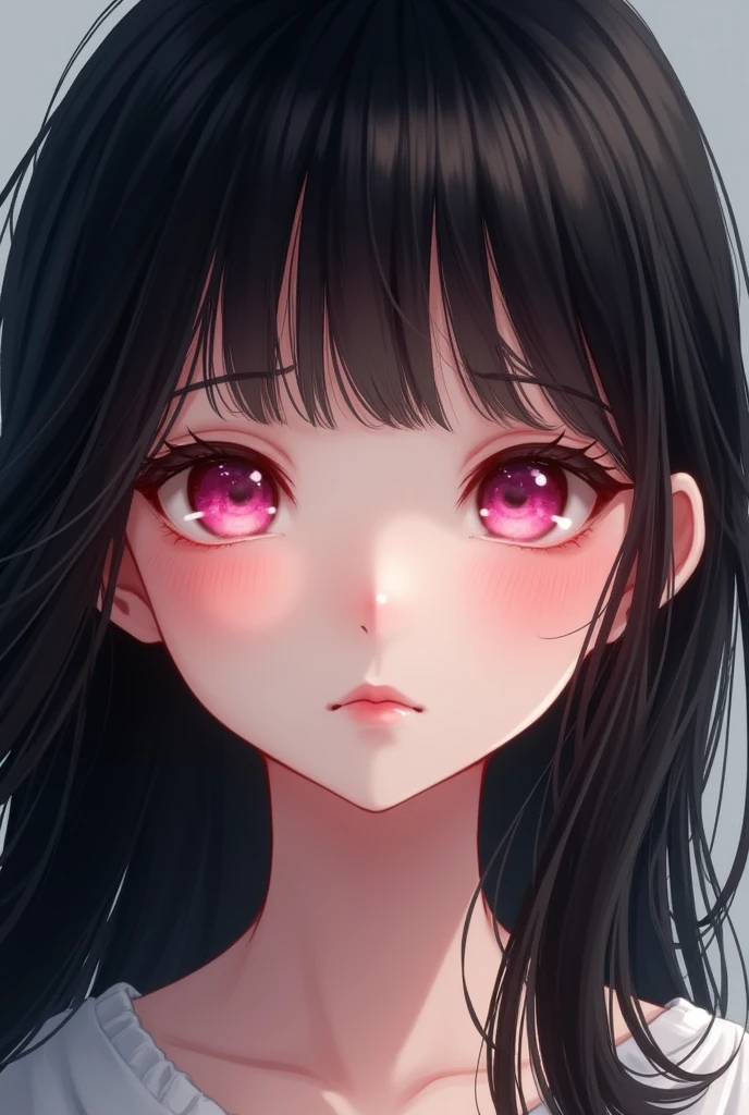 Real illustration of a girl with long black hair and bangs, with pink iris eyes
