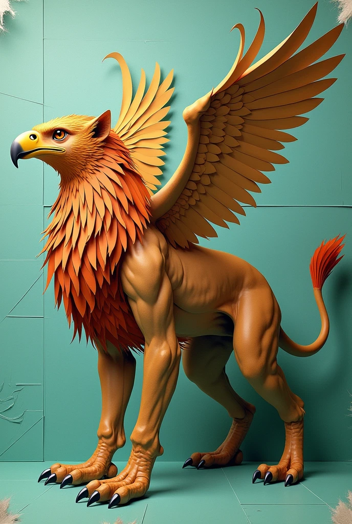 2 tear papers are put on the big green cutting mat. (First Tear paper is the picture of eagle with only head claws and wings), (second tear paper is the picture of the lower part of lion with only body, hip, back leg and tail), two papers are put together to make new creature that upper part is eagle and lower part is lion, delicate detail, perspective view