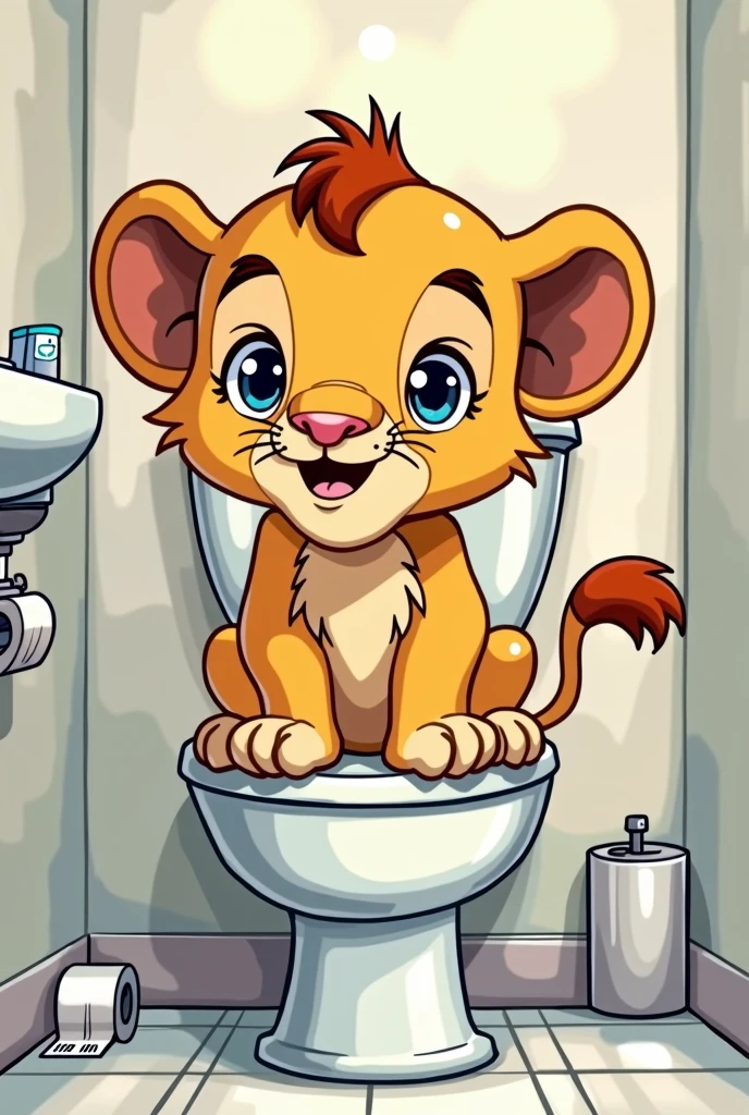 Comic lion cub sitting on the toilet
