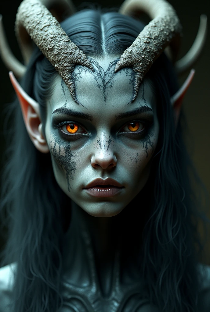 a normal woman with grey skin, orange eyes, pointed ears, a scar on her face, missing one eye, highly detailed face, intricate texture, octane render, cinematic lighting, fantasy, dark and moody atmosphere, dramatic pose, dynamic composition, rich colors, dramatic lighting, crown of dragon horns, no hair but many horns, detailed face, highly detailed, cinematic lighting, fantasy art, digital painting, masterpiece, 8k, hyper realistic