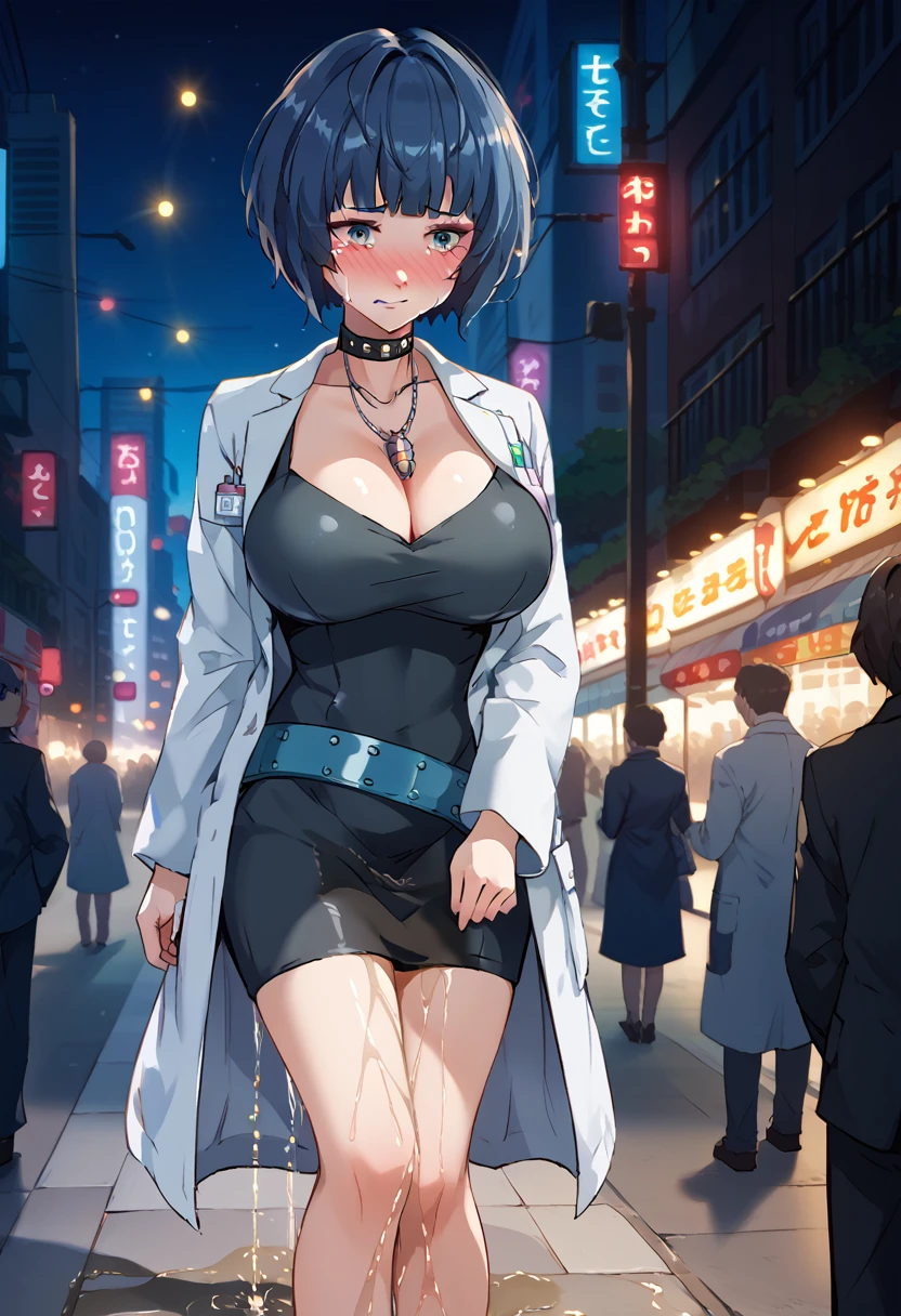 1girl, woman, takemip5, short hair, black hair, blue hair, labcoat, black dress, belt, choker, necklace, cleavage, high heels, makeup, eyeliner, (wetting self:1.5), desperation, huge breasts, (blushing:1.5), embarrassed, humiliation, aroused, orgasm, trembling, city, street, crowd, night, futuristic, colorful lights, colorful city, storefront, counter