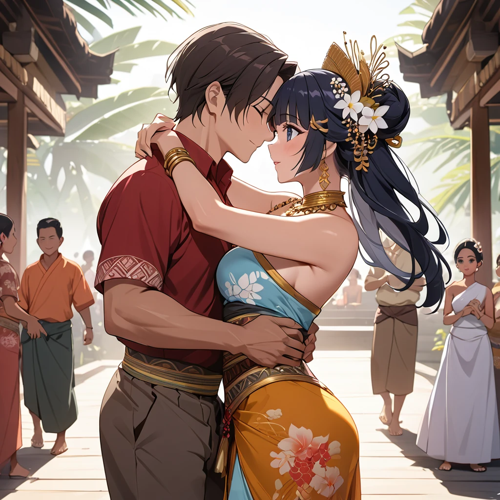 ((Highest quality)), ((masterpiece)), (detailed), (Perfect Face)、The woman is Aoki Reika, a brown-skinned Indonesian with semi-long hair.、A woman is dancing a Balinese dance in a Balinese costume in Bali, Indonesia, and is embraced and proposed to by a man.