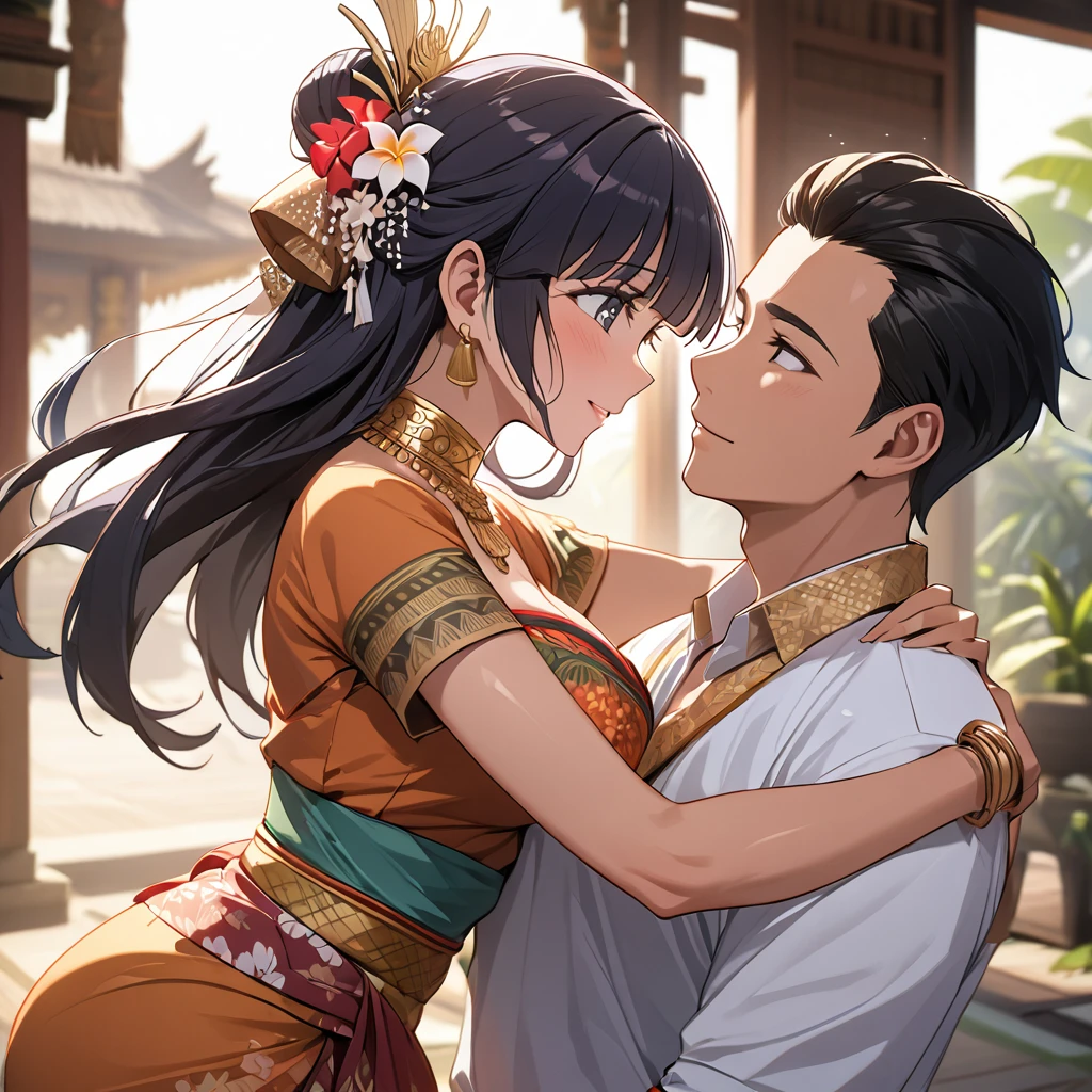 ((Highest quality)), ((masterpiece)), (detailed), (Perfect Face)、The woman is Aoki Reika, a brown-skinned Indonesian with semi-long hair.、A woman is dancing a Balinese dance in a Balinese costume in Bali, Indonesia, and is embraced and proposed to by a man.