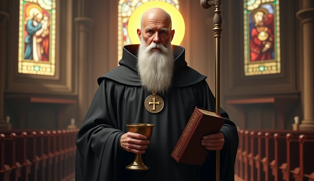 ultra realistic image of bald saint benedict with a long white beard, black cloack, calm and firm look, with his medal with the cross of Saint Benedict, a bronze chalice and a bronze staff with a snail's tip, in the pocket a bible, around his head a lighted halo, convey depth, in the background stained glass windows of a European church
