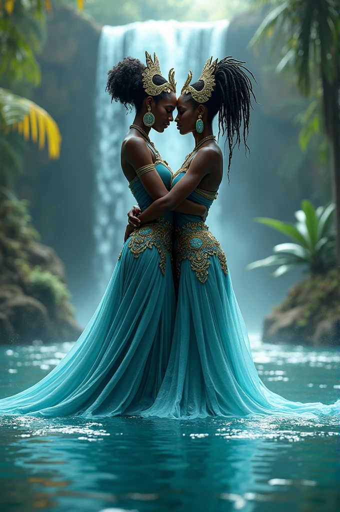 Yemaya and Oshun hugging each other 