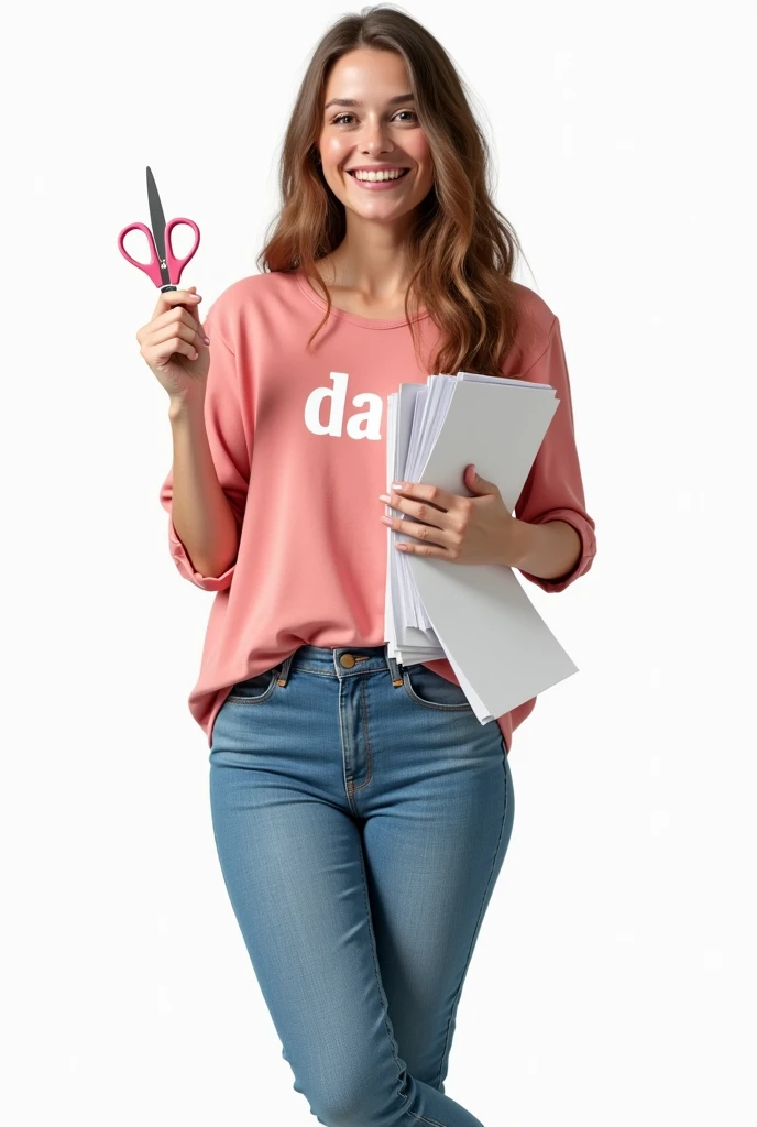 Brazilian adult doll woman with long light brown hair, brown eyes and fair skin, smiling pink blouse with the name Day and jeans , with the name Day Holding in the right hand several sheets of paper and in the left hand a small pair of scissors Pink. shoes black. Background transparent