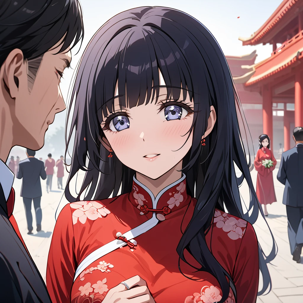 ((Highest quality)), ((masterpiece)), (detailed), (Perfect Face)、The woman is Aoki Reika, with medium-long hair, wearing a red Chinese wedding dress and an engagement ring.、The woman marries a middle-aged man who is a member of the Chinese Communist Party, becomes his wife, and becomes Chinese.