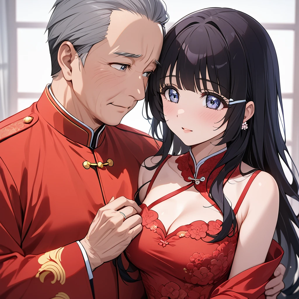 ((Highest quality)), ((masterpiece)), (detailed), (Perfect Face)、The woman is Aoki Reika, with medium-long hair, wearing a red Chinese wedding dress and an engagement ring.、The woman marries a middle-aged man who is a member of the Chinese Communist Party, becomes his wife, and becomes Chinese.