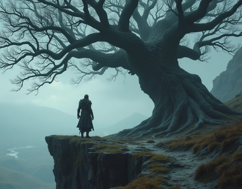 a painting of a man standing on a hilltop next to a World Tree, dark souls art, elden ring art, incredible & d dark sun art, dark souls art style, dark souls concept art, darksouls concept art, Elden ring concept art, Elden Ring Oficial, Elden ring boss, apple london, epic fantasy art, ((Masterpiece in maximum 16K resolution):1.6), ((ultra detali):1.4) detailed tree.