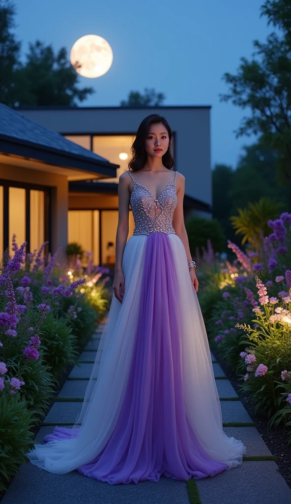 Full-length photograph of a young Thai woman in a flowing purple and white evening gown adorned with pearls, diamond jewelry, and black high heels standing in a flower garden.,Modern house under the moonlight
