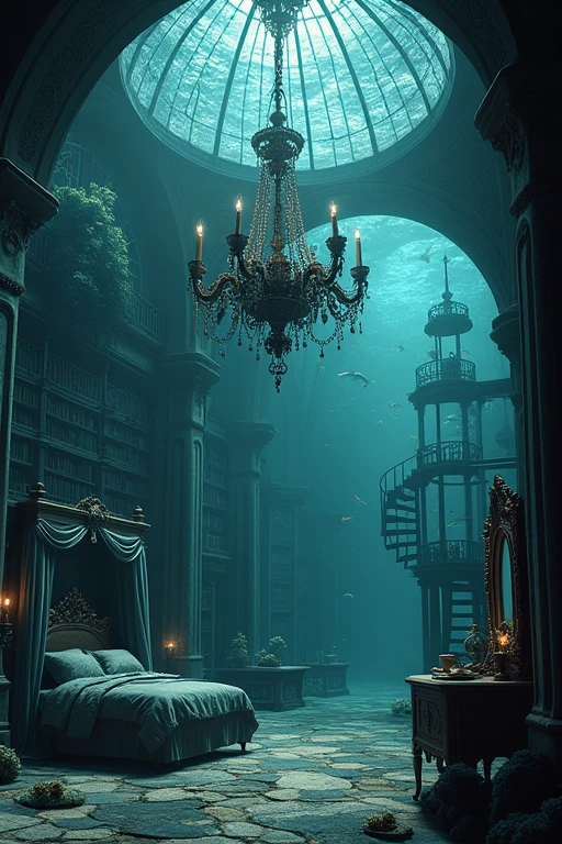 Underwater Gothic architecture Chandelier Black and blue atmosphere Fish Bubbles、House in the sea、The windows are big and fish are swimming outside、mirror、Decorative Picture Frame、bedroom、Canopy bed、Bookshelf、梯子付きの高いBookshelf、Spiral staircase leading to the second floor、The ceiling has a black iron lattice.、Bookshelfも、A teacup on the bedside table