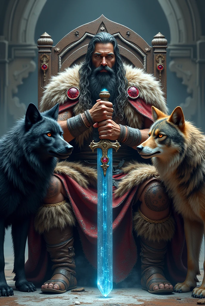 barbarian king, middle-aged, sitting on his throne, adorned with animal skins and rubies. The king has black hair and a beard. with his right hand he holds a crystal blue ice sword. The king is accompanied by three wolves. The first wolf having black fur and red eyes. The second one is all brown and black with yellow eyes..  The third one is gray and brown and has yellow eyes.