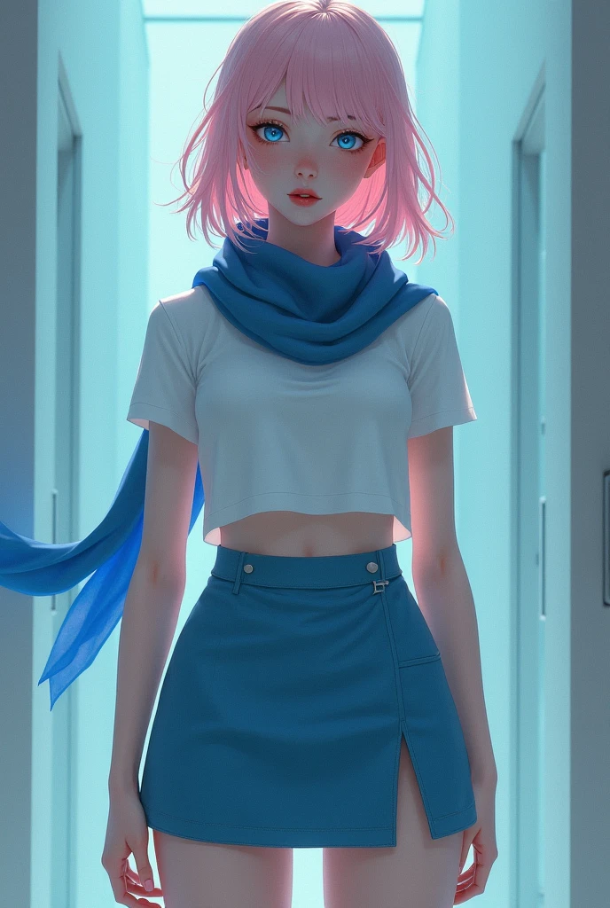 create a skinny girl with blue eyes ,light pink hair and purple bottom,with a white t-shirt, a blue scarf and a blue skirt with a super sadistic and sexy pose