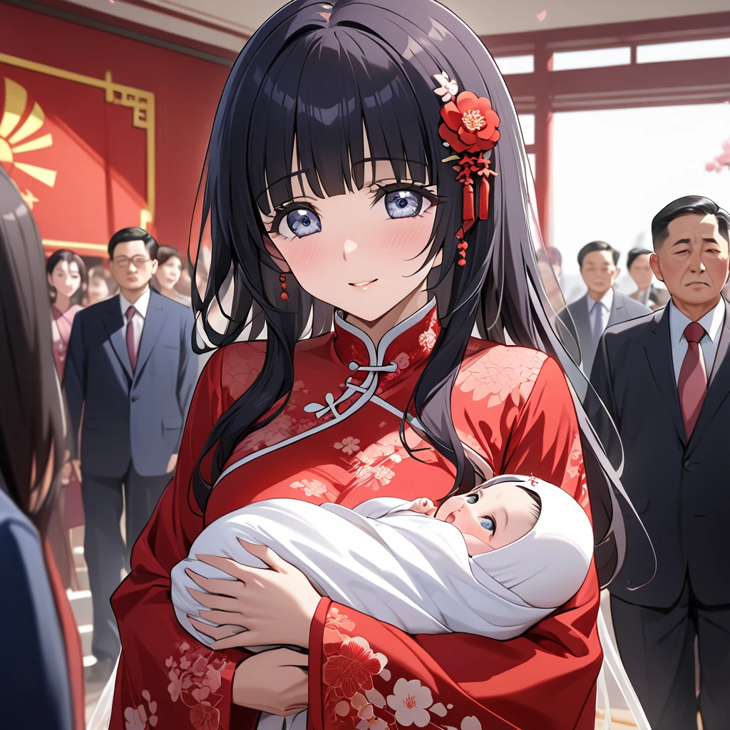 ((Highest quality)), ((masterpiece)), (detailed), (Perfect Face)、The woman is Aoki Reika, with medium-long hair, wearing a red Chinese wedding dress and an engagement ring.、The woman marries a middle-aged man who is a member of the Chinese Communist Party, becomes his wife, and becomes Chinese.、The woman is holding a