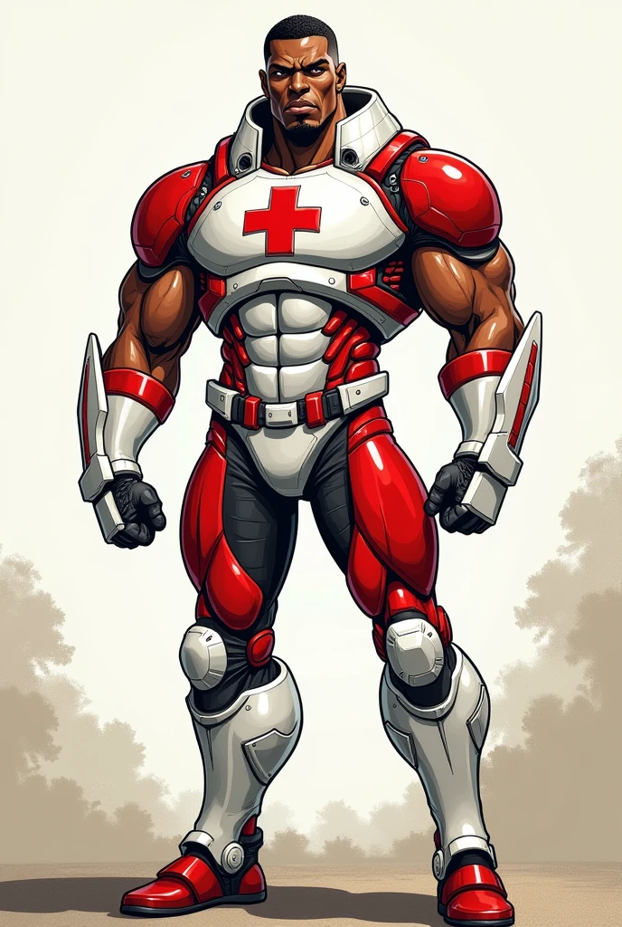 dan mora comic book illustration, hard lines, soft light, sexy African male in paramedic themed white and red power-armor, red cross on chest
