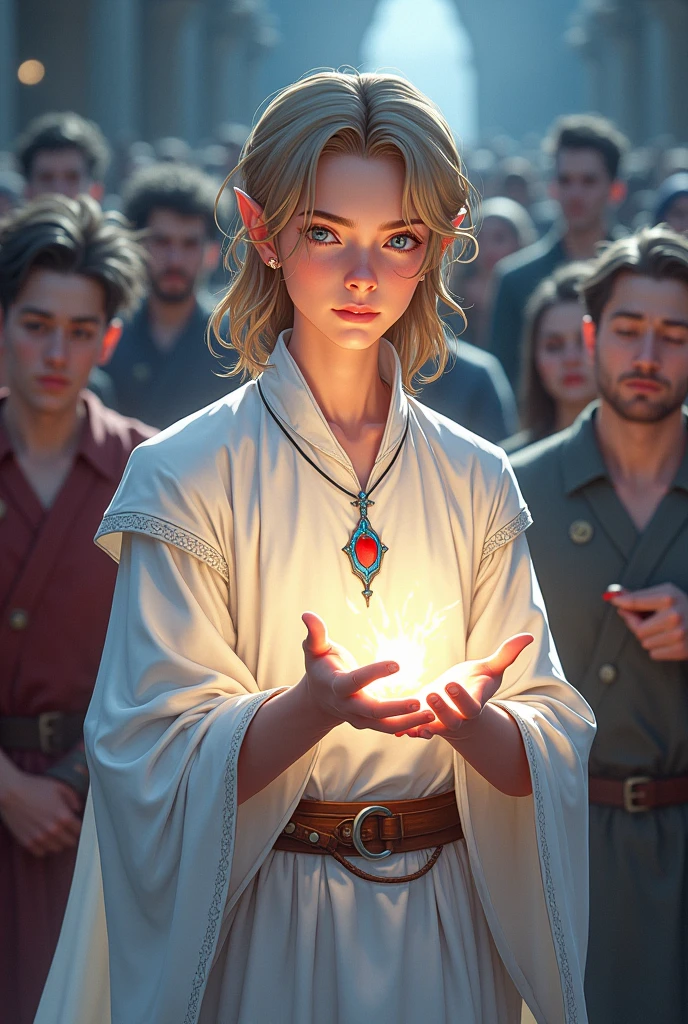 a young half-elf man with delicate, feminine features and shoulder-length light brown hair.
 
wearing white medieval clothing with a symbol of a light blue feather over a red heart drawn on the clothes at chest height.

 using healing magic on injured people in medieval anime cartoon style
