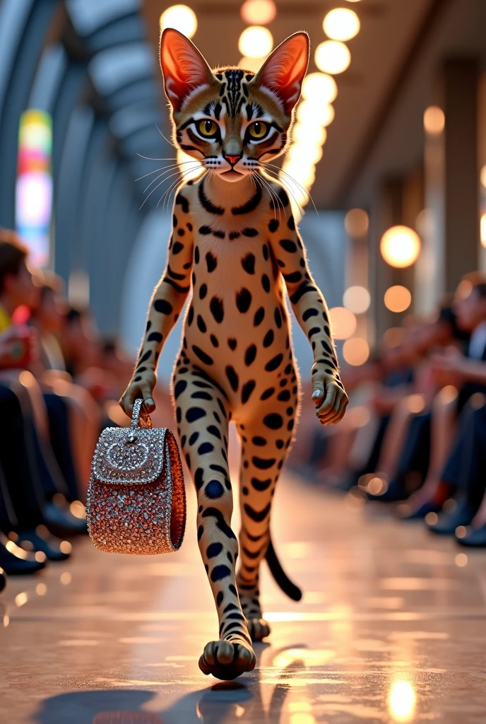 Savannah cat wearing Chan's Diamond Forever bag, in a global fashion show, high-definition details, full picture as real, full picture