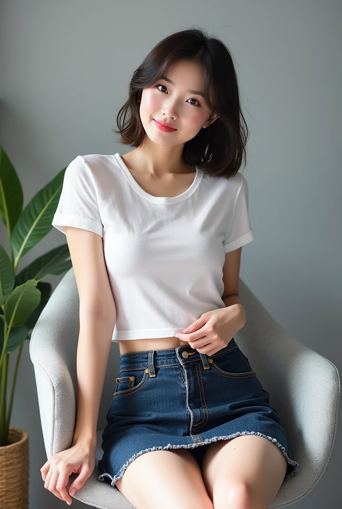 (masterpiece:1.2,8k, raw photo, ultra quality), absurdres, (photo realistic:2), high detail raw color photo,skiny skin, professional photograph,((best quality))、Beautiful Japanese office lady、Denim mini skirt、A tight, see-through white T-shirt、Panty peeking、(Magenta Panties)、smile、(View your viewers)、short hair、Gray background、Sit on a chair、Flash photography、cleavage cutout、skirt lift、hand on own thigh