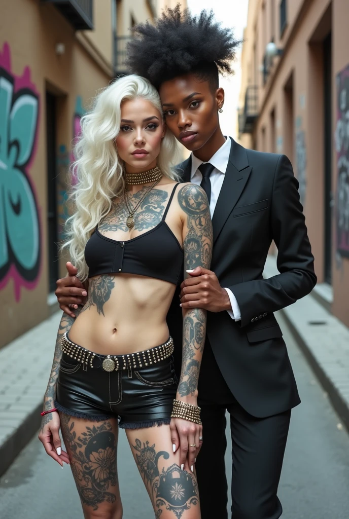 Two russian old milf women: the dominant aggressive dark skinned black woman in business pinstripe suit (jacket and trousers), black heeled shoeslong nails and afro hair, standing up with separated legs and possessive stance showing off her new white girlfriend to the camera (arm around her girlfriends' shoulder squishing her back tightly, and grabbing tightly the white woman arm with her other hand, like a predator on her prey). Next to her, her white rich drunk girlfriend looks at the camera  (white woman is very pale: pale face, pale neck, pale chest, pale arms, pale hands, pale stomach, pale leg), white woman stretches her neck and looks at the camera  feeling overwhelmed by her girlfriend. white woman leans on her girlfriend , feeling needy.  white woman is being seduced. White woman stands up with separated legs, White woman"s body is twisted and unstable, the hands of white woman are on her belt. White woman dresses in  rock chic style: Black studded leather thong with white seams, platinum blonde hair (pouf, top bun, wide colourful bandana as headband) and oversized square sunglasses as headband. Big lips with no makeup. White woman wears Black studded leather push up bra and has big breasts. Barefoot.. Lots of thick wide studded bracelets in the wrists of the white woman, big pearl necklaces around the neck of the white woman, and big rings, Pearl earrings. Wide loose studded belt with big solid buckle. Loose chains and studded belts around the hips of the white woman. White woman is lazy, leaning on her girlfriend.. The white woman is densely tattooed on neck, tattoed chest, tattoed arms, tattoed stomach, tattoed legs, wrists and feet. White woman has well Toned abdominals, thin neck, slim legs and thin arms. White woman has Narrow hips and noticeable tigh gap. The body of the white woman is twisted in a lazy posture. Full body. On a narrow street with graffitied walls 