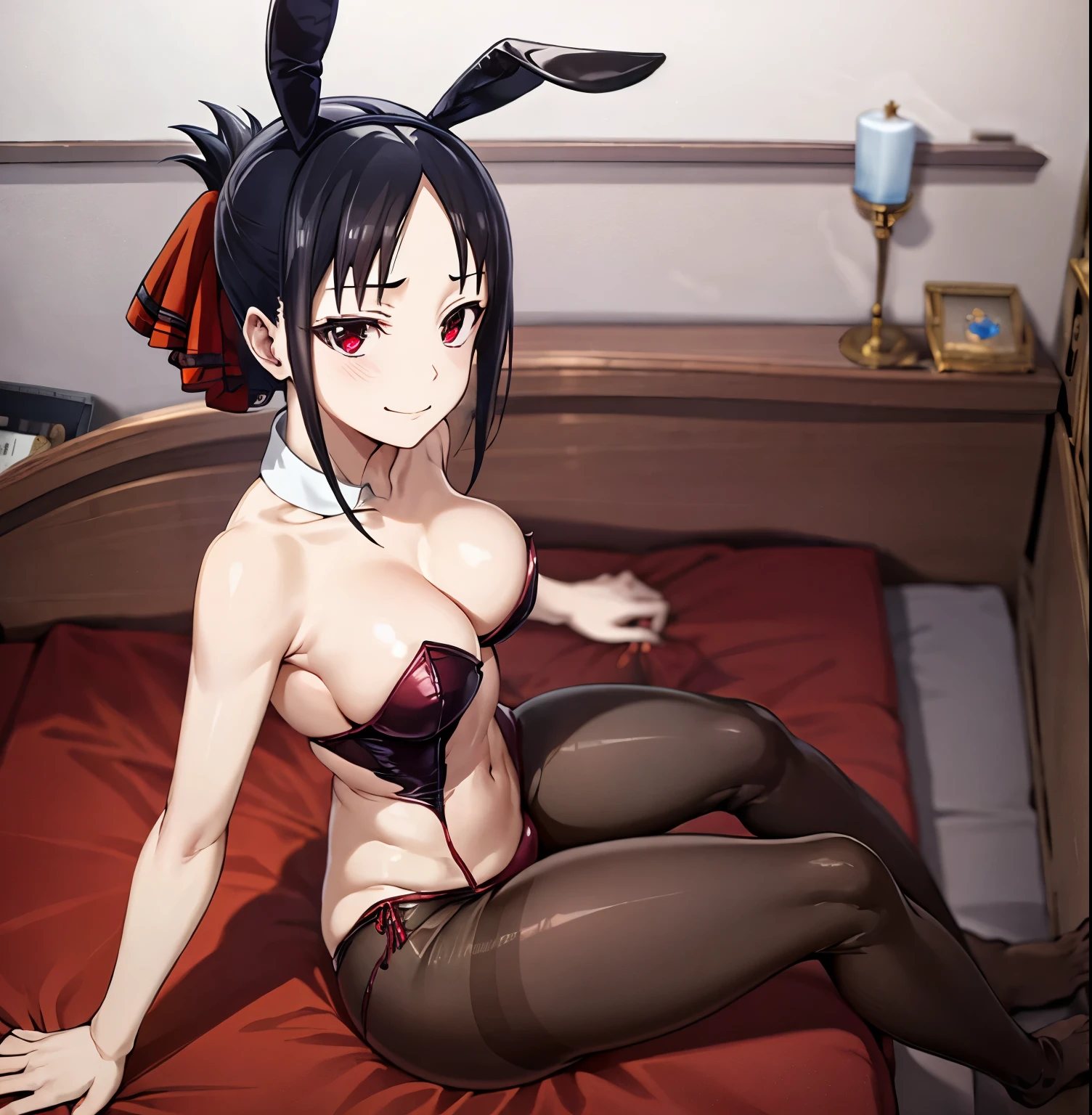 1girl,alone,kaguya shinomiya,best quality (masterpiece: 1.2),detailed,closed mouth,light smile, black hair, red eyes, red playboy bunny outfit, red headband, bunny ears, black pantyhose, room, bedroom, sitting on bed, legs open, good lighting, night, dark, short hair, folded ponytail, ribbon for hair, red ribbon, medium breasts, medium waist, wide hips, medium thighs, round butt, facing the viewer, pov (from above), (( body complete)), perfect anatomy, perfect hands