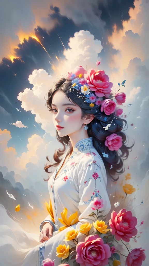 (((White cloud background))), (((high saturation))), ((Surrounded by splashes of color)))) Super detailed, Beautiful and beautiful, masterpiece, best quality, (tangled, mandala, tangled, twist), (Fractal art: 1.3), 1 girl, Very detailed, dynamic angle, cowboy shooting, Chaos in its most beautiful form, elegant, brutalist design, bright colors, romanticism, Michael Mraz, Adrian Gurney, Petra Courtright, Atmospheric, ecstatic notes, Mobile notes are visible